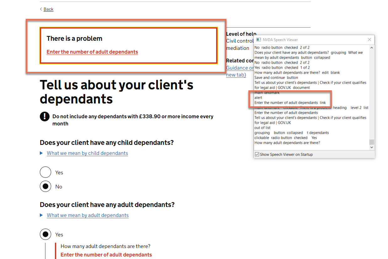 Error message highlighted on the Tell Us About Your Client's Dependants page